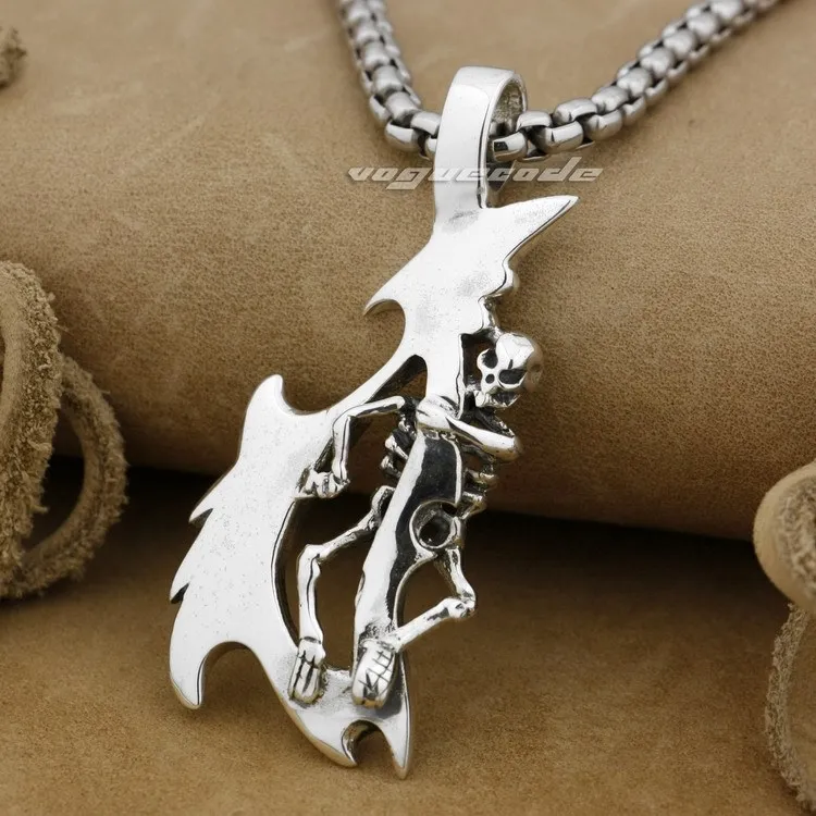 

925 Sterling Silver Large Sword Skull Mens Biker Rocker Pendant 9H021(Necklace 24inch)