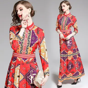 

womens woman ladies Designer Vintage shirt neck runway Slim A-Line Cocktail party long maxi Swing dress clothing for women