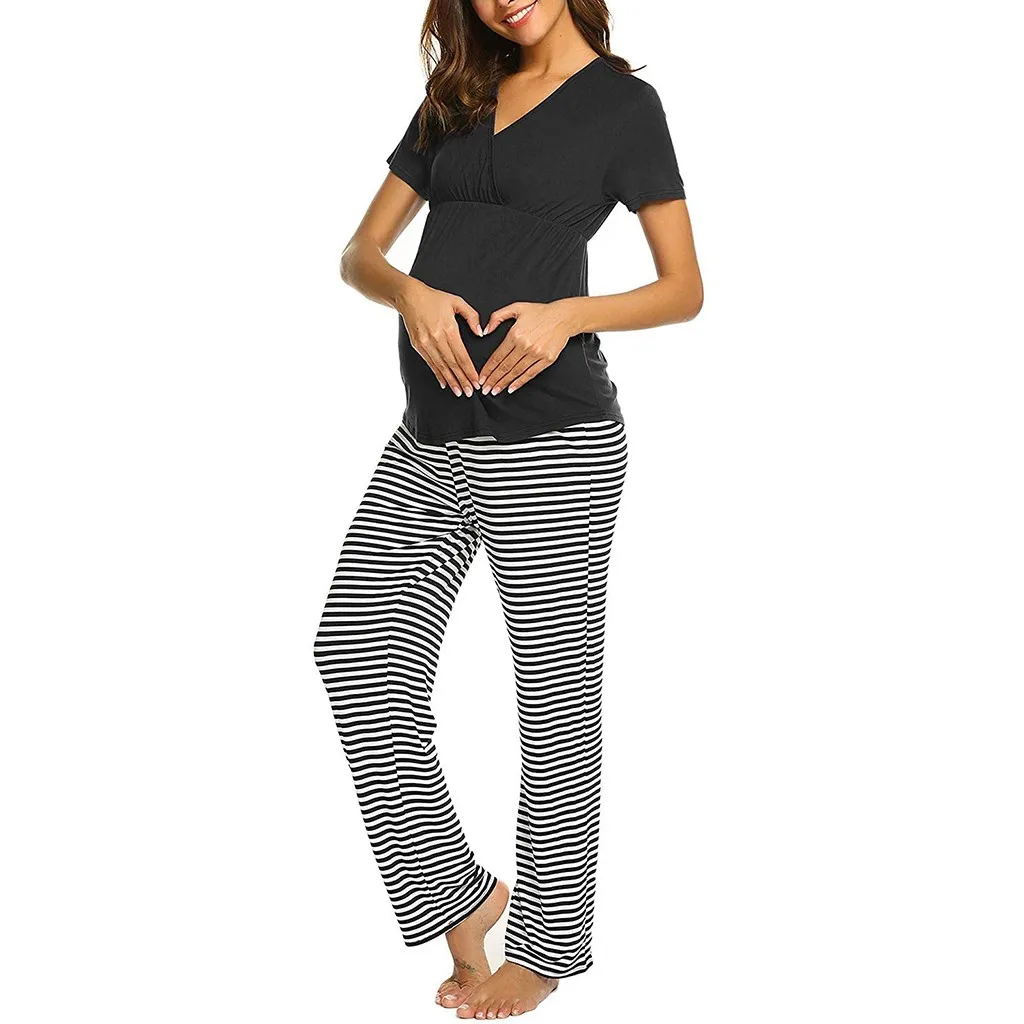 Пижамный комплект для беременных женщин с коротким рукавом и v-образным вырезом, футболка для грудного вскармливания, регулируемые полосатые штаны, пижамы
