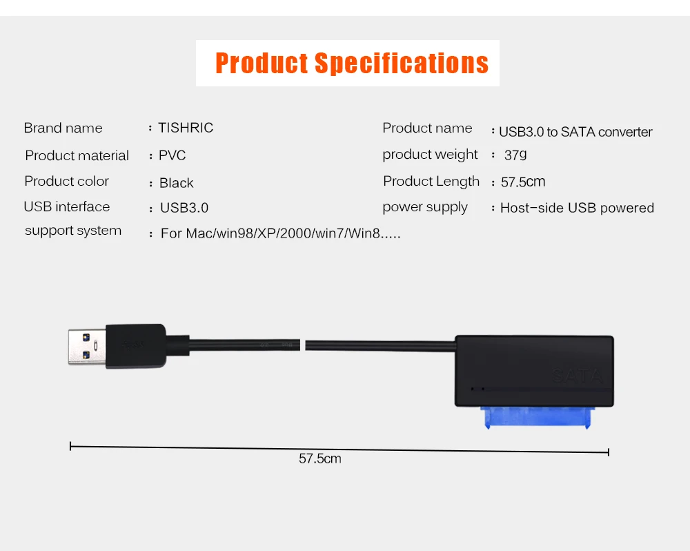 Черный USB 3,0 для SATA iii 3 кабель 15Pin+ 7Pin 22Pin конвертер 2," внешний жесткий диск адаптер