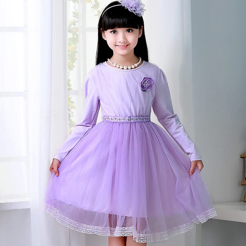 

2015 New Fashion Spring Autumn Girls Flowers Clothing  Kids Tulle Layered  Long Sleeve Knee-Length Tulle Princess Dresses