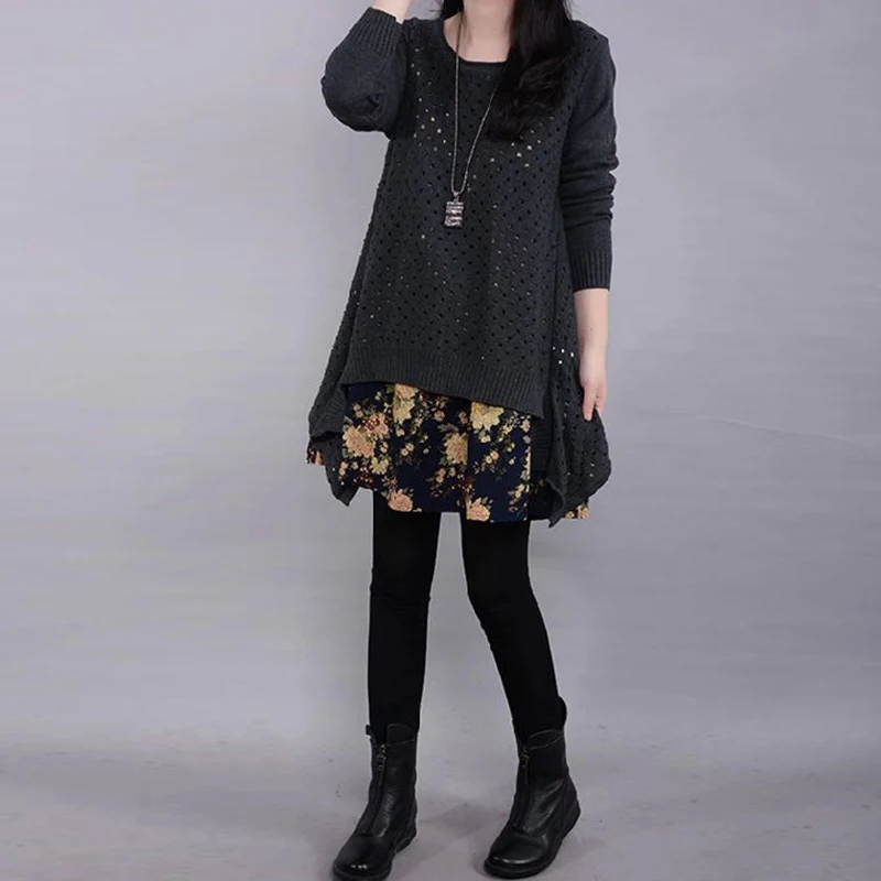 Autumn Winter Women's Long sleeve Knitted Floral Dress Loose Casual Party Dress