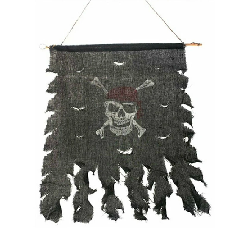 Tattered Cotton Creepy Pirate Flag Decoration Party Accessory Pirate Skull and Crossbones With Wooden Rod Flag Halloween Decor