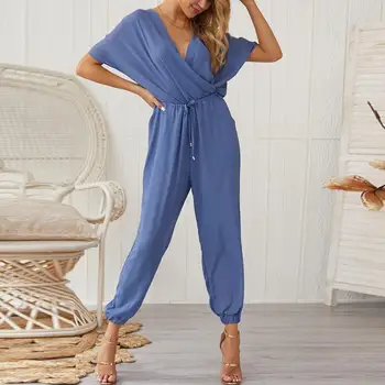 

Women V-Neck Short Sleeve Solid Jumpsuit Summer Cross Daily Strap Casual Middle Waist Slim Ankle Length Rompers