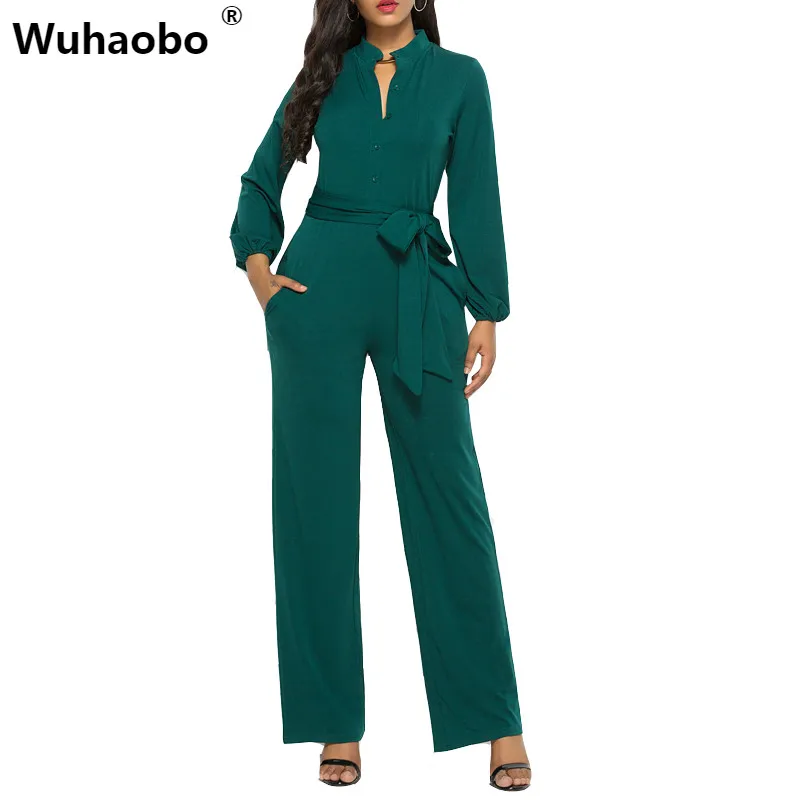 

Wuhaobo Soild Women One Piece Elegant Jumpsuit Romper Black Long Sleeve Summer Overalls Casual Streetwear Wide Leg Pants
