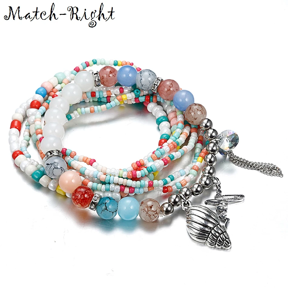 

Match-Right Women Bohemia Jewelry of Multilayer Elastic Weave Set Bracelets & Bangles with Conch Charm Wrap Bracelet LG-084