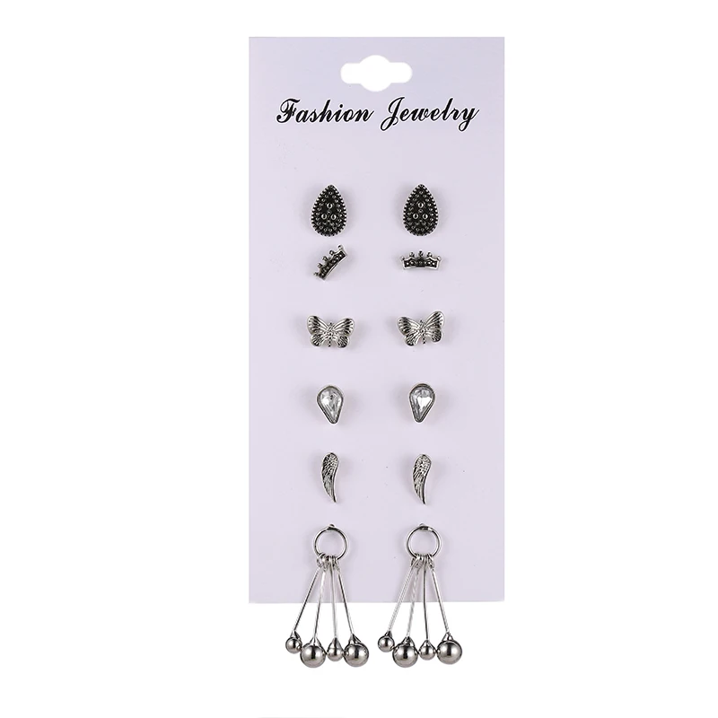 

6 Pairs/set Vintage Insect Butterfly Stud Earrings For Women Retro Ancient Silver Earring Water Drop Shape Crystal Earrings Set