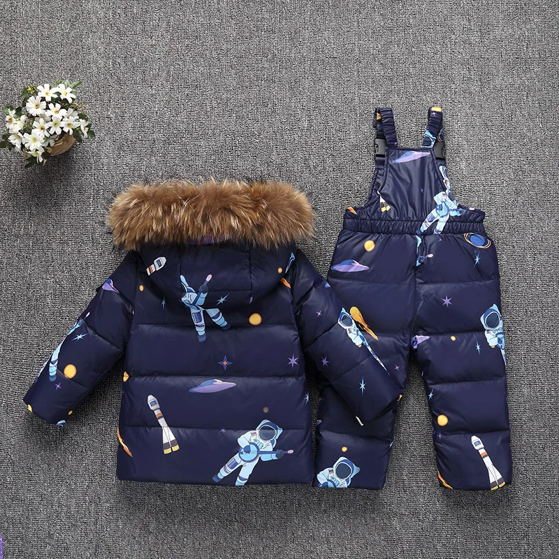 30 Degrees Winter Children Down Jacket Clothing Sets Furry Collar Girls Down Jackets+ Overalls Kids Warm Suit For Boys