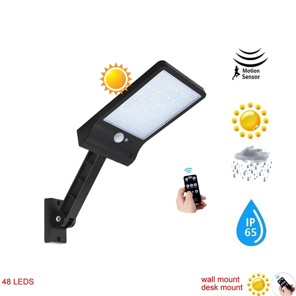 

desk wall mount remote control rotate bracket solar street light 48 LED Solar Light Three Modes Black White Waterproof Outdoor G