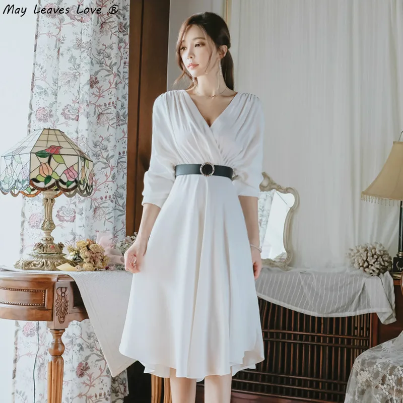 

May Leaves Love White Long Sleeve V-neck Midi Dress Women Elegant High Waist A-line Irrgular Hem Dresses Vestidos with Belt