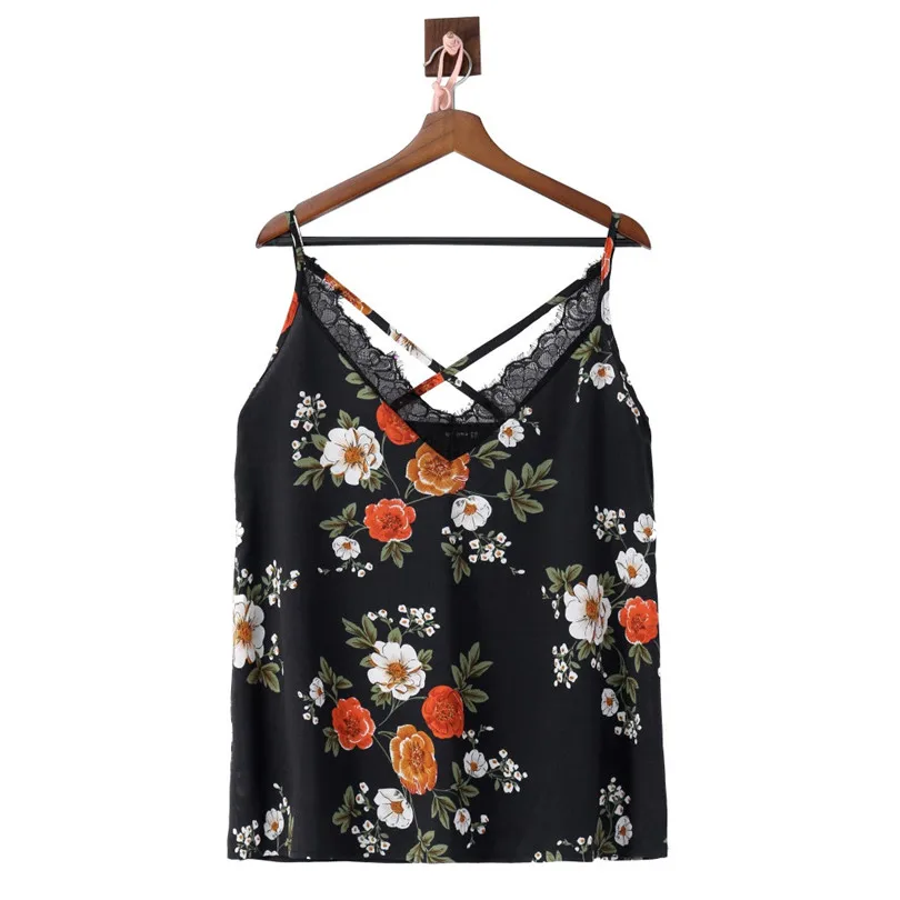 New Womens Girls Summer Daily Casual Sexy Plus SizeSleeveless Floral Print Lace Patchwork Camis Crop Top tops #4F05 (17)