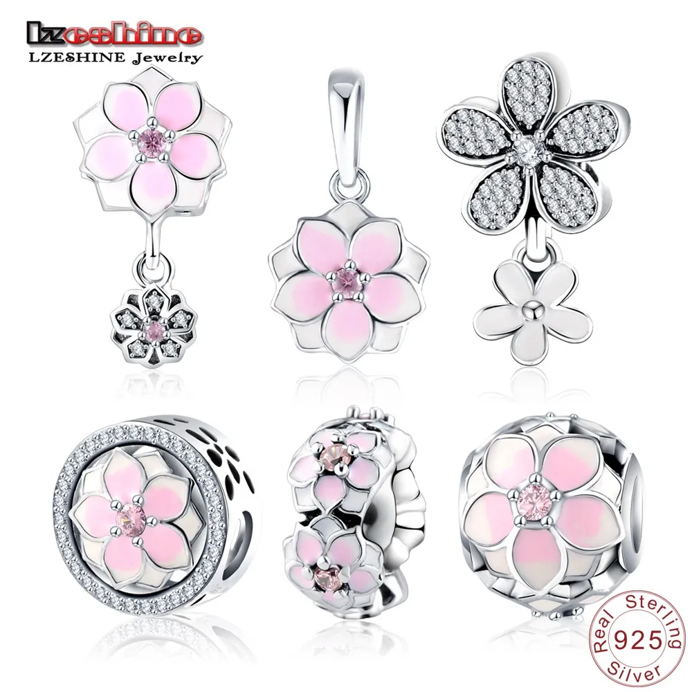 

LZESHINE Authentic 925 Sterling Silver Charm Beads Pink Enamel Flower Charms fit Original Pandora Charm Bracelet DIY Jewelry