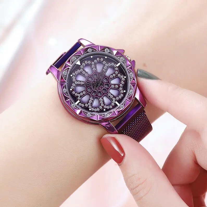 Новинка, Топ бренд, розовое золото, 360 градусов вращения, женские сетчатые часы с магнитной пряжкой, звездное небо, женские кварцевые часы, Relogio Feminino - Цвет: purple