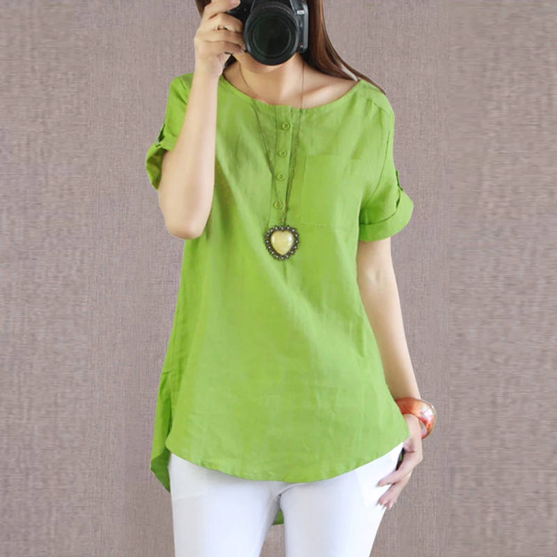 Women O Neck Short Sleeve Plus Size Cotton Linen Blouse Tops Elegant Casual Solid Buttons Loose Work Shirt Blusas Blouses