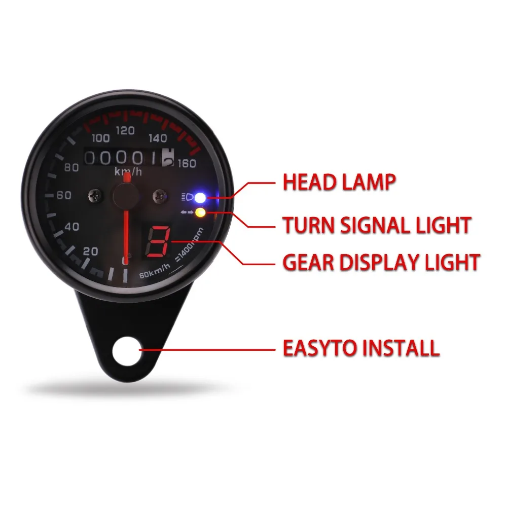 Free Shipping Universal Motorcycle Cafe Racer Speedometer odometer Gauge 0-160 km/u Instrument with LED Indicator
