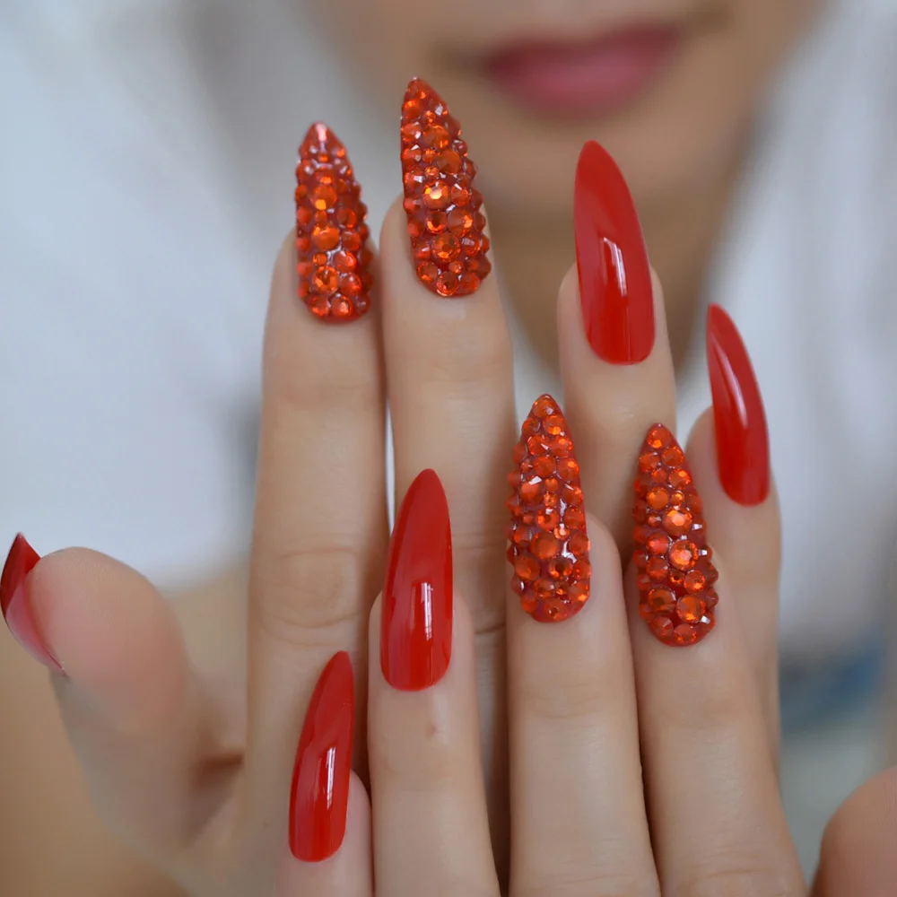 

Sexy Gem Stiletto Extra-Long Fake Nails Rhinestone Blood Red Gel Crystal Pre-designed Nails Handmade Sharp Artificial Nail Tips