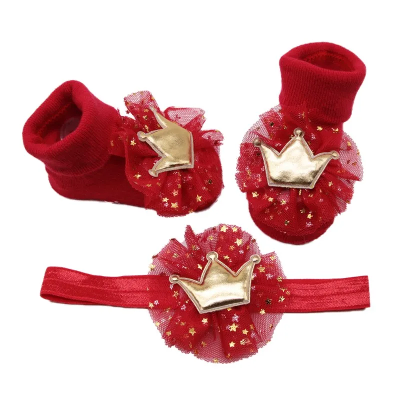Infat/милые детские кружевные хлопковые носки с короной, повязка на голову, комплект для фотосессии, От 0 до 3 лет, вечерние носки для новорожденных, подарки, 2 шт