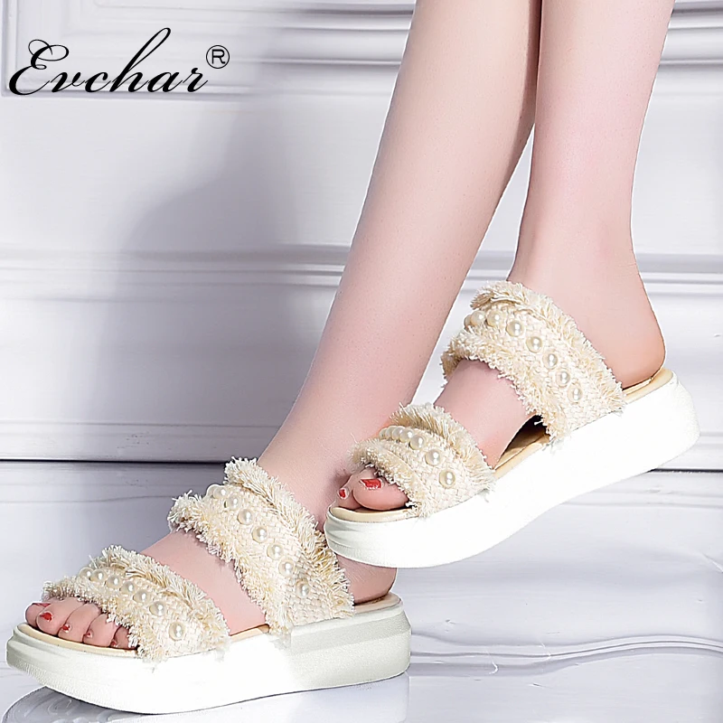 

EVCHAR new Summer bohemia Fringe Platform med Heels Women Slipper Ladies Outside Shoes string bead Slipper large size 33-43