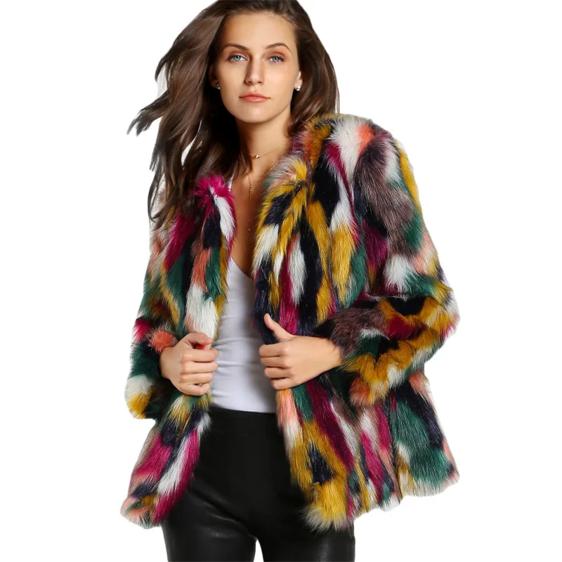 Зимнее цветное меховое пальто, женское элегантное меховое пальто, цветное теплое пальто из искусственного меха, Брендовое модное повседневное женское пальто с длинным рукавом без воротника