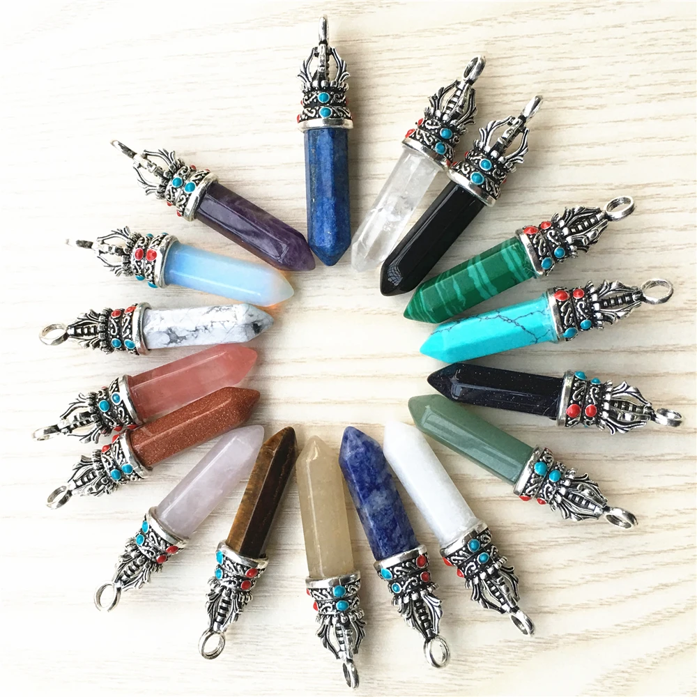 

Hot Natural Stone Crystal Pillar Lapis Lazuli Amethysts Pendants&Necklaces Women Charms For Making Jewelry Point Pendant 24Pcs