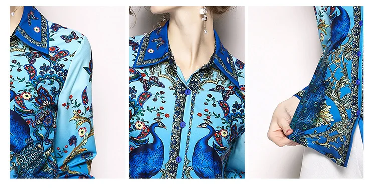 Willstage, синие рубашки с цветочным принтом, женская блузка с длинным рукавом, с рисунком павлина, топы на пуговицах,, осенняя рубашка, женская одежда