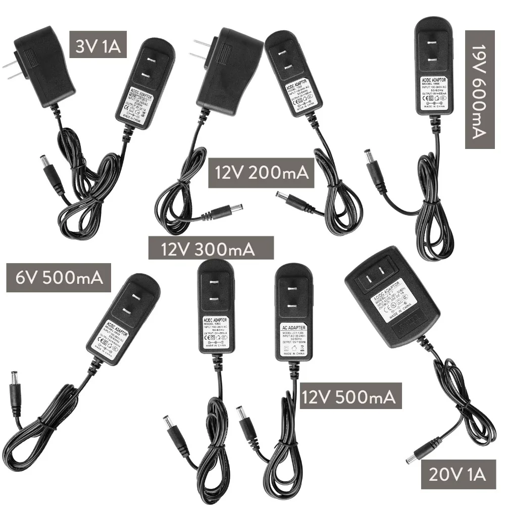 DC 12 В 3 В 6 В 19 В 20 В США ЕС Plug Питание адаптер трансформатора 1A 0.2A 0.3A 0.5A 0.6A для Светодиодные ленты свет Вход 100-240 В