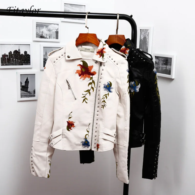 

Fitaylor Embroidery Faux Leather Jacket Women Turn-down Collar Vintage Black Motorcycle Jacket Women Floral Print Punk Coat