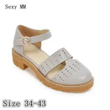 

High Quality Women Square Low High Heel Sandals Mary Janes Shoes Woman High Heels Sandals Pumps Plus Size 34 - 40 41 42 43