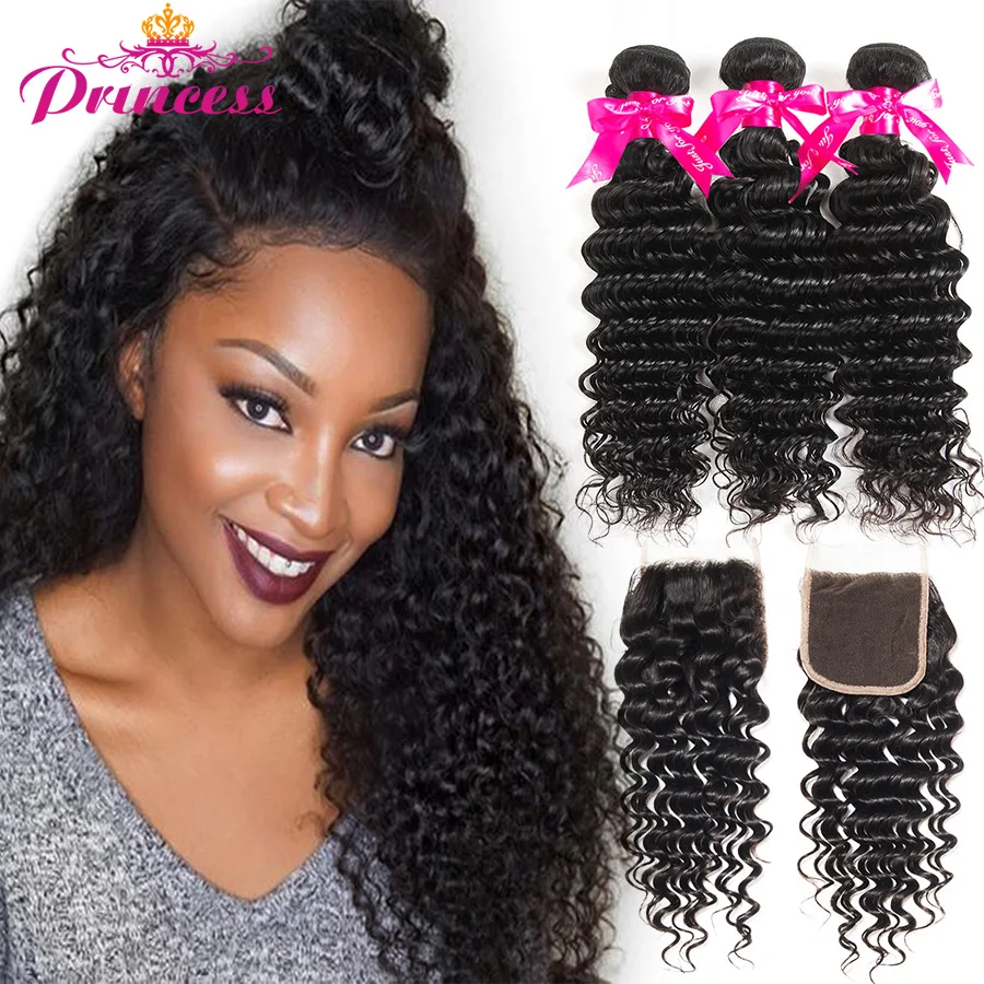 

Beautiful Princess Hair Deep Wave Bundles With Closure Double Weft Human Hair Brazilian Hair Weave 3 Bundles With Closure