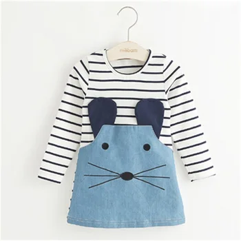 New 2017 Striped Patchwork Character Girl Dresses Long Sleeve Cute Mouse Children Clothing Kids Girls Dress Denim Kids Clothes