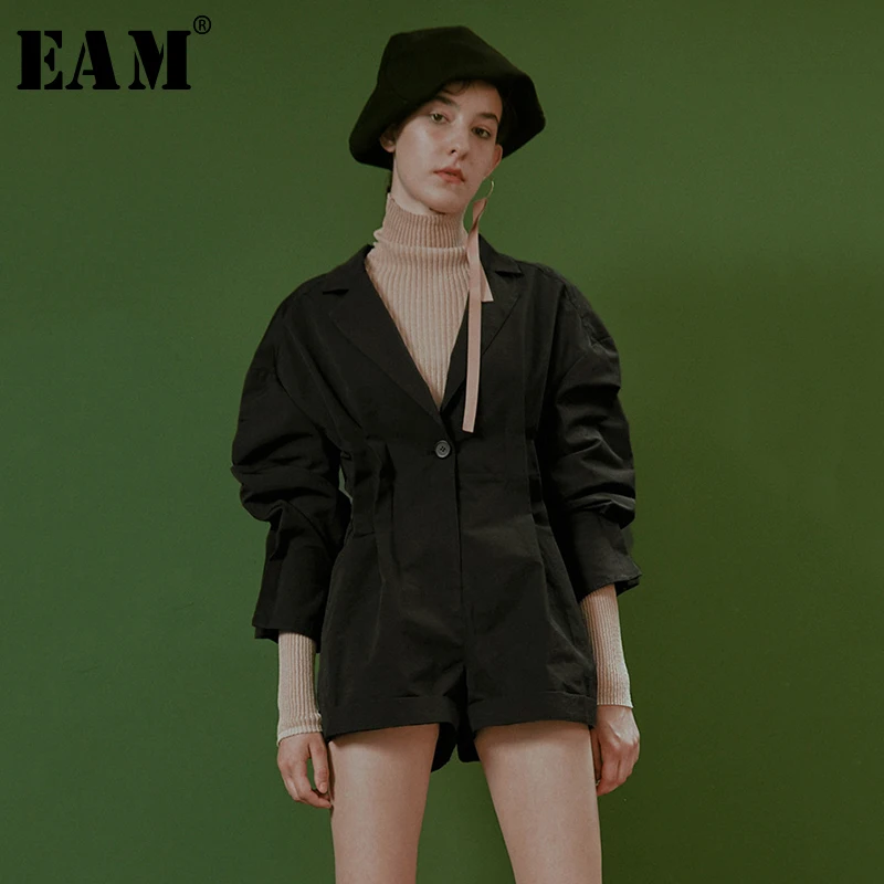 

[EAM] 2019 New Autumn Winter Turn-down Collar Long Sleeve Button Brief Temperament Jacket Rompers Women Coat Fashion Tide JY037