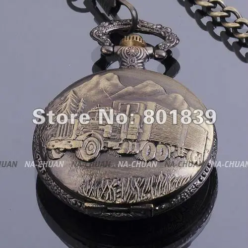 

Antique Style Bronze Tone Truck Case Quartz Mens Pocket Watch With Chain Nice Gift Wholesale Price H146