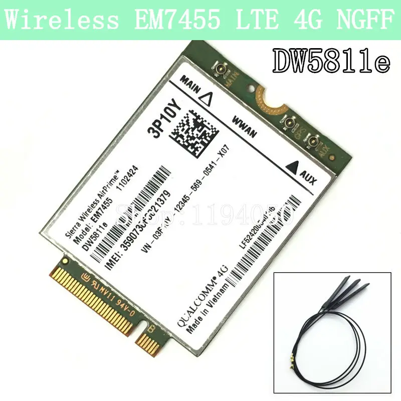 Беспроводной модуль EM7455 LTE 4G NGFF DW5811E 3P10Y 300 M para E7270 E7470 E7370 E5570 Sem Fio FDD/TDD LTE 4G Cat6 Gobi6000+ ANTEN