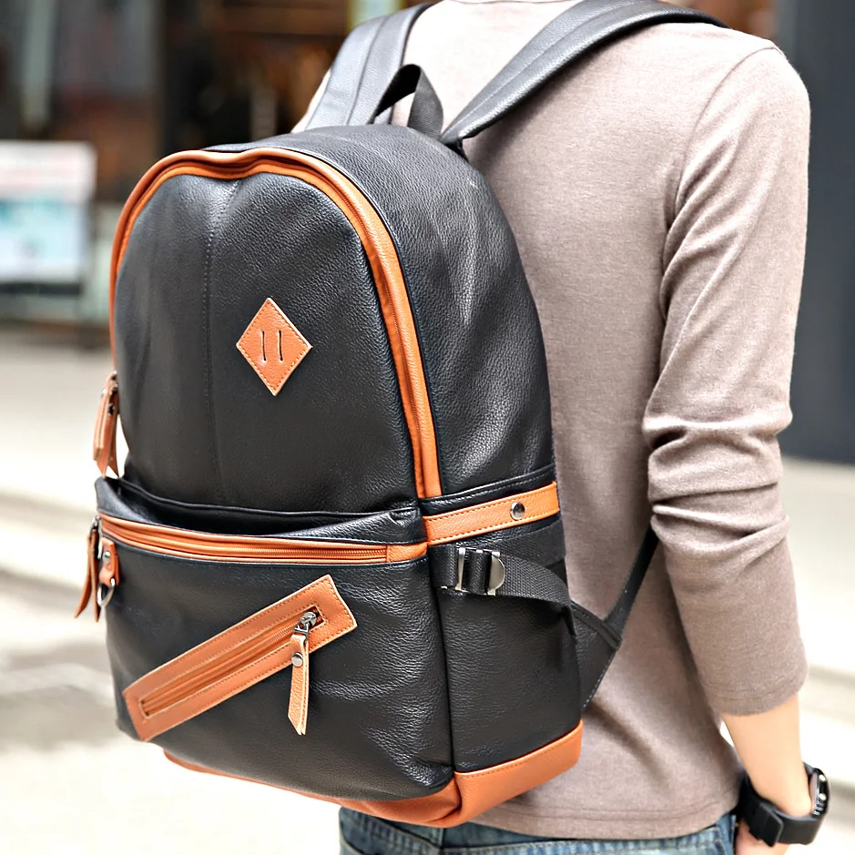 NEW Style PU Leather Men Black Backpack Fashion Famous Male Casual