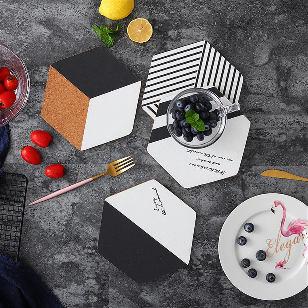 

MENGXIANG 1pc Nordic Style Striped Cube hexagonal cork potholders insulation mat black and white place mats Creative Home Decor