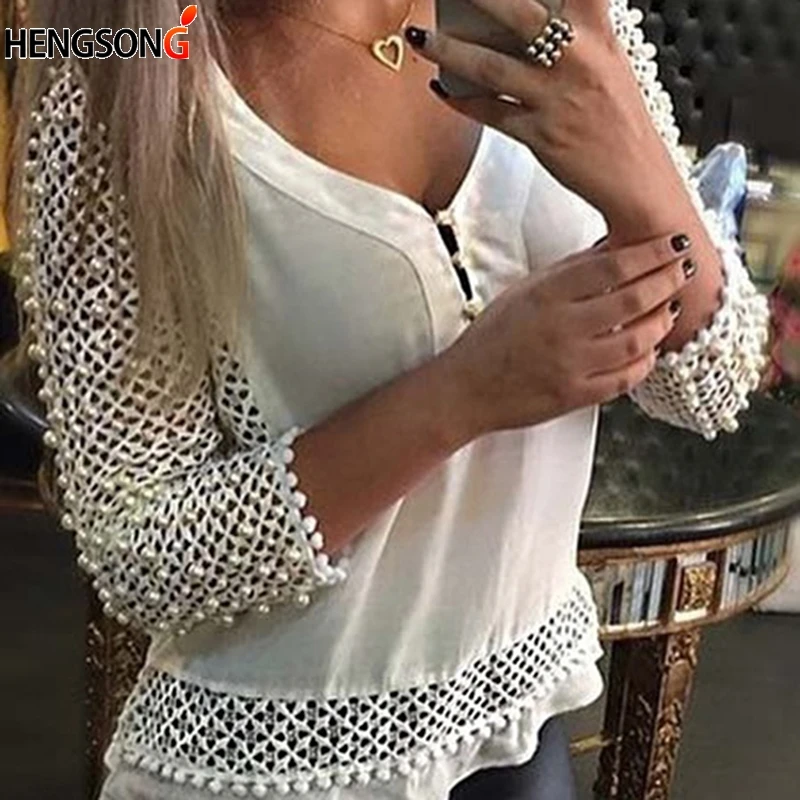 Summer Women Blouses Mesh Tops Three Quarter Sleeve V-Neck White Ladies Sexy Hollow Shirts Tassel Blusas |