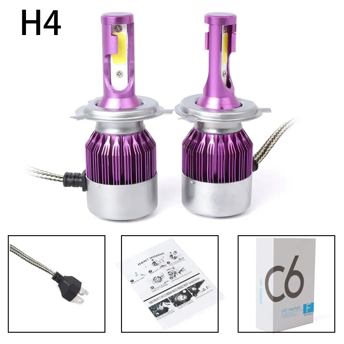 

2pcs C6 LED Car Headlight Kit COB H4 36W 7600LM White Light Bulbs purple