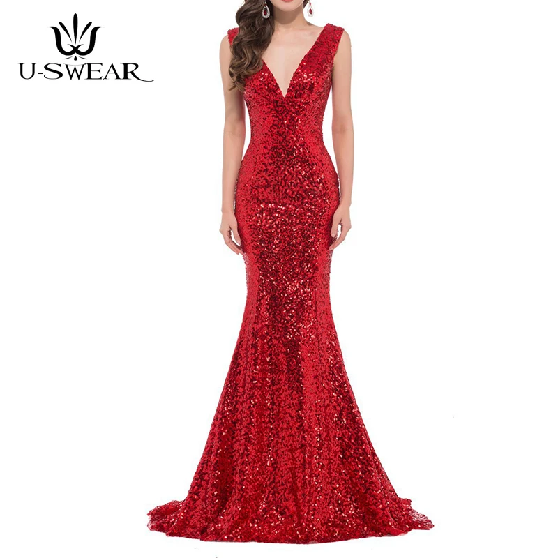 

U-SWEAR High-End Sexy Deep V-Neck Sleeveless Long Elegant Evening Dresses Party Prom Formal Gown Sequin Vestidos Robe De Soiree