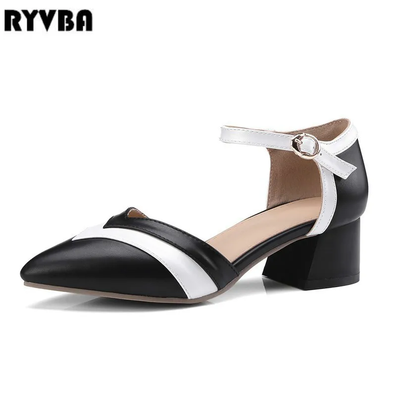 

RYVBA 2019 summer woman sexy thick mid heels pumps women mixed colors black white shoes womens fashion pointed toe ladies pump