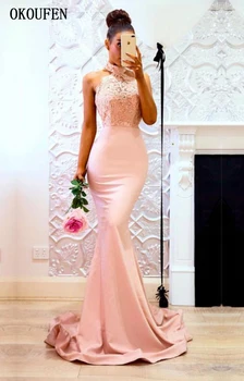 

Prom Dresses 2019 Halter Blush Pink Mermaid Backless Halter Appliques Train Sexy Party Gowns vestidos de fiesta largos elegantes