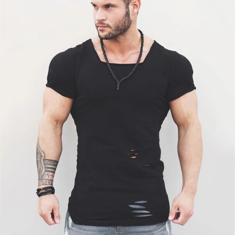 

Muscleguys Brand 2018 New Fashion Solid T Shirt Mens Hip Hop Extend T Shirt Men Ripped Destroy Hole Cotton Fitness T shirt Homme