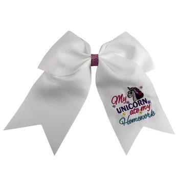 

7 inch new unicorn Fashion Handmade embroidery Grosgrain Ribbon Cute Cheer Bows For Cheerleading Sweet Baby Children Girls
