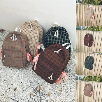 

School Bags for Teenagers Women Sen Literary Retro Plaid Bag Female Small Fresh Plaid Bow Student Backpack Multi-Function Bag