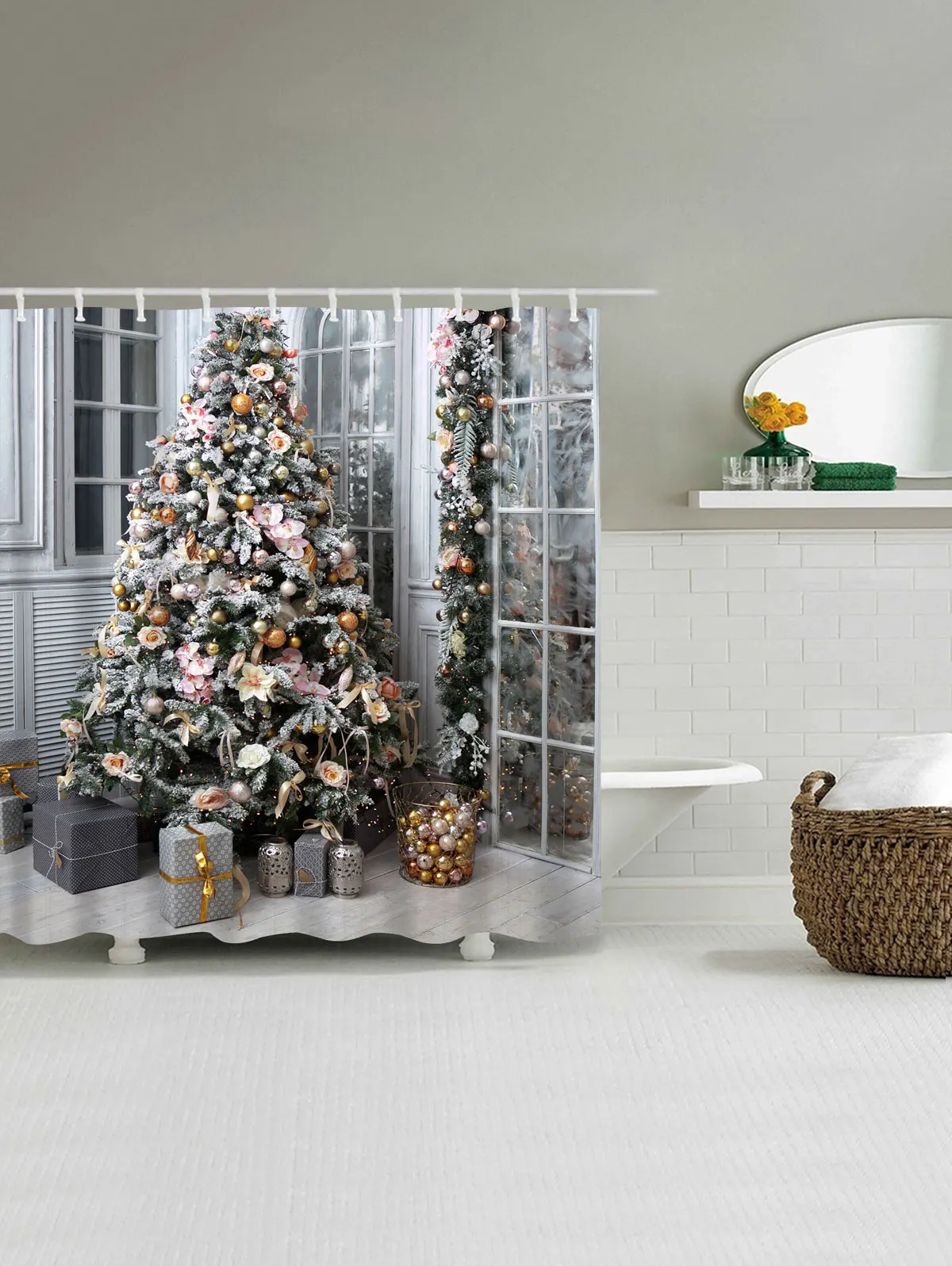 Рождественская занавеска для ванны, Новогодняя подарочная печать, водонепроницаемая полиэфирная Штора для ванны, Рождественская елка, Декор