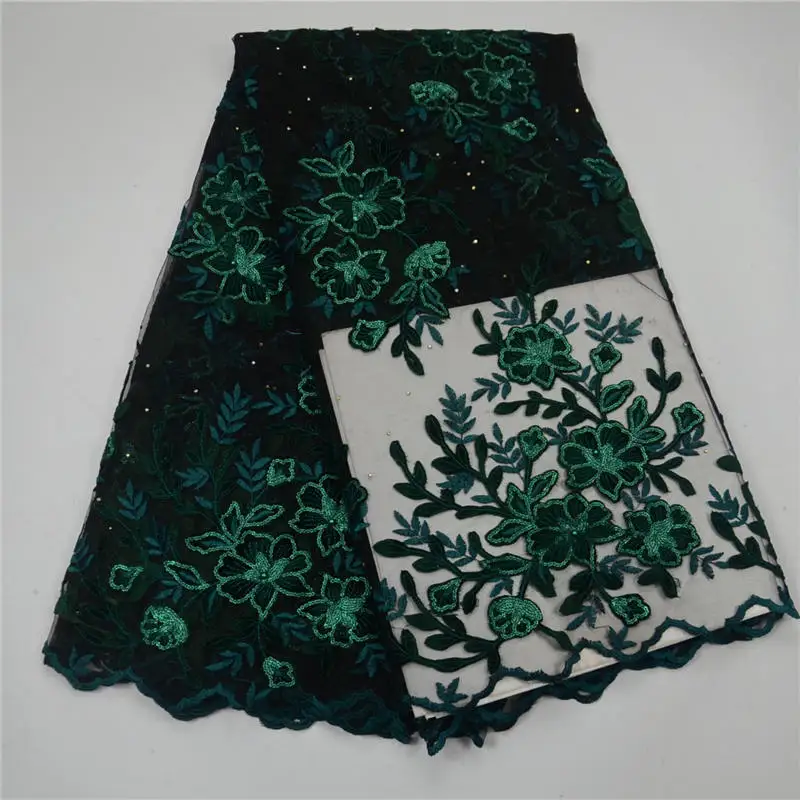 

High quality french mesh lace fabric with beads dark green color french net lace fabric for dress making sunmer fabric