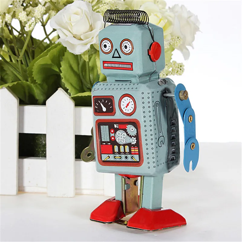 Vintage Mechanical Clockwork Wind Up Walking Robot Metal Tin Toy Kid Gift TBO 