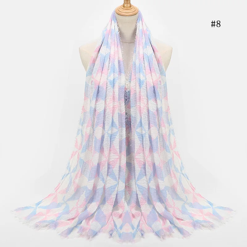 2018 Новый пузырь морщин с геометрическим принтом шарфы с бахромой платки Для женщин ромб платки шарф хиджаб глушитель оптовая продажа 10