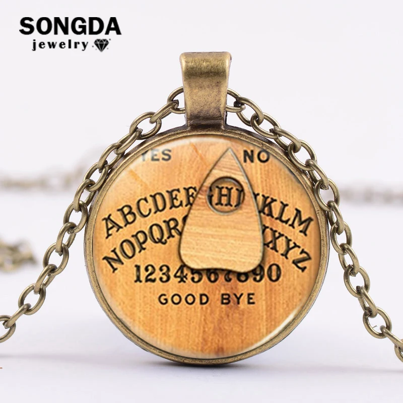 

SONGDA Vintage Ouija Board Statement Necklace Handmade Art Patterns Glass Cabochon Pendant Steampunk Long Chain Necklace Jewelry