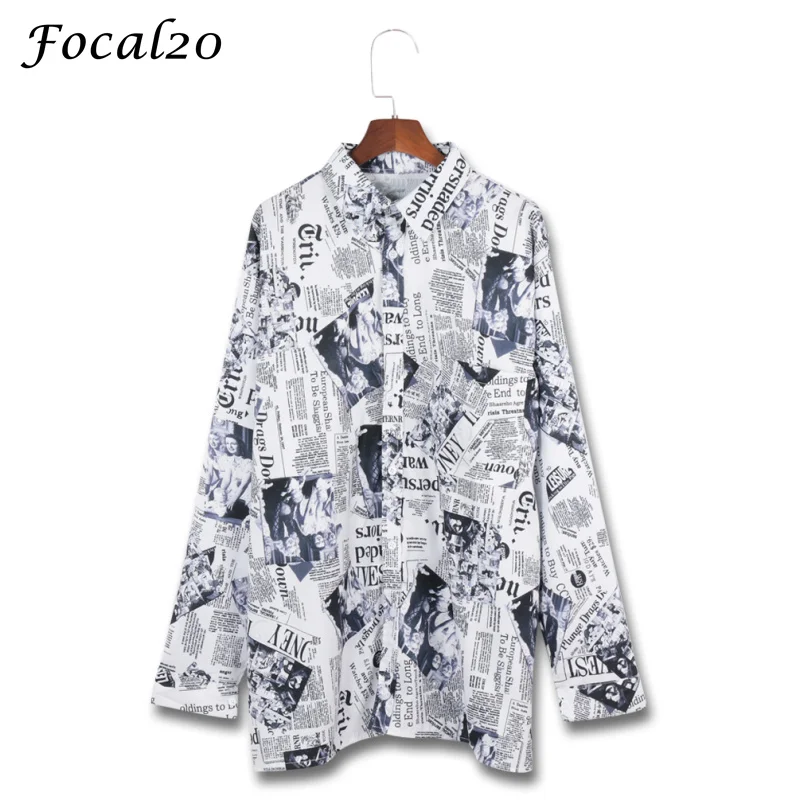 Vente Focal20 Streetwear Journal Impression Oversize Femmes Blouse Chemise Printemps À Manches Longues Graphique Surdimensionné Femelle Blouse Top