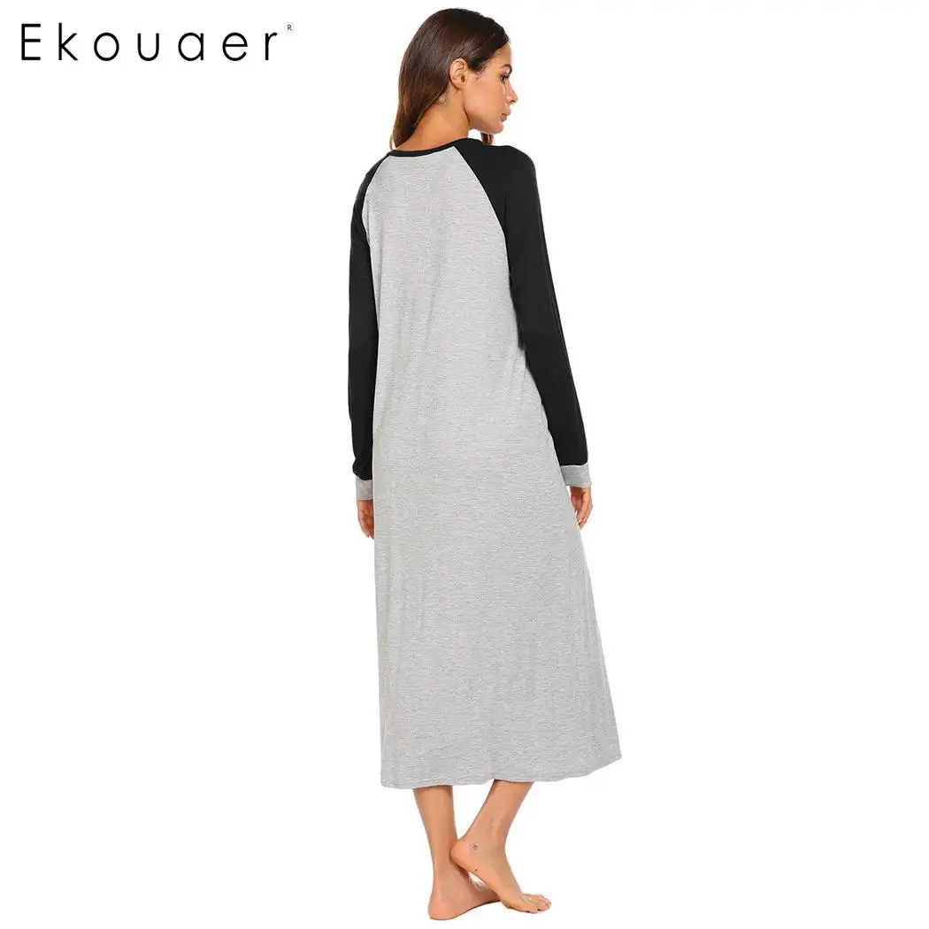 Ekouaer, Длинное ночное платье, сорочка, ночная рубашка, одежда для сна, Женская Повседневная Пижама с длинным рукавом, пэчворк, v-образный вырез, ночная рубашка размера плюс